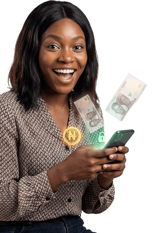 Happy woman holding phone and money